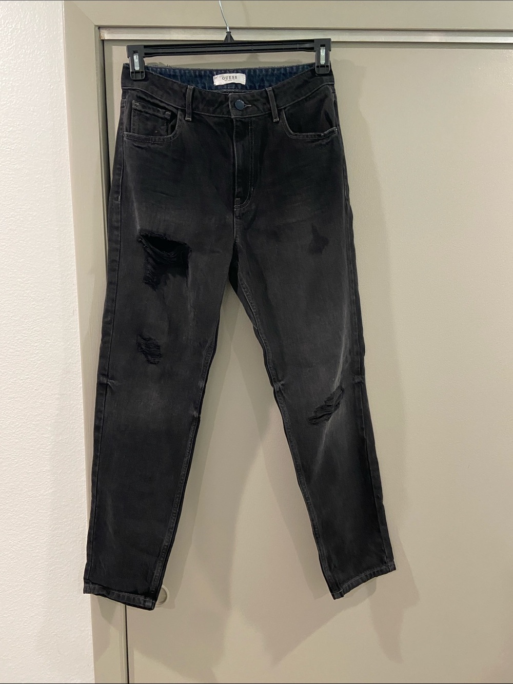 Guess Women's Slim Straight Black Distressed Jeans